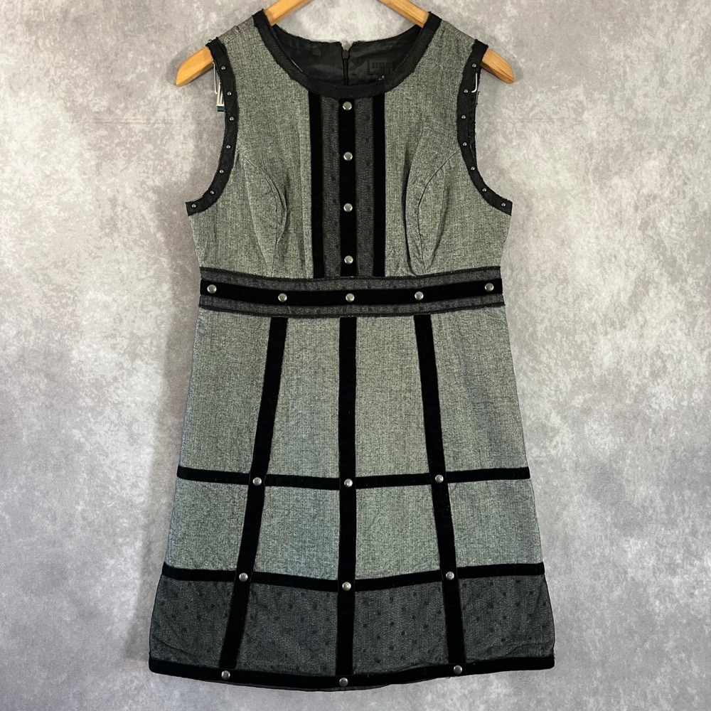 Anna Sui Shift Dress Womens 11 Grey Herringbone‎ Velvet Studded Mini *See Pics*